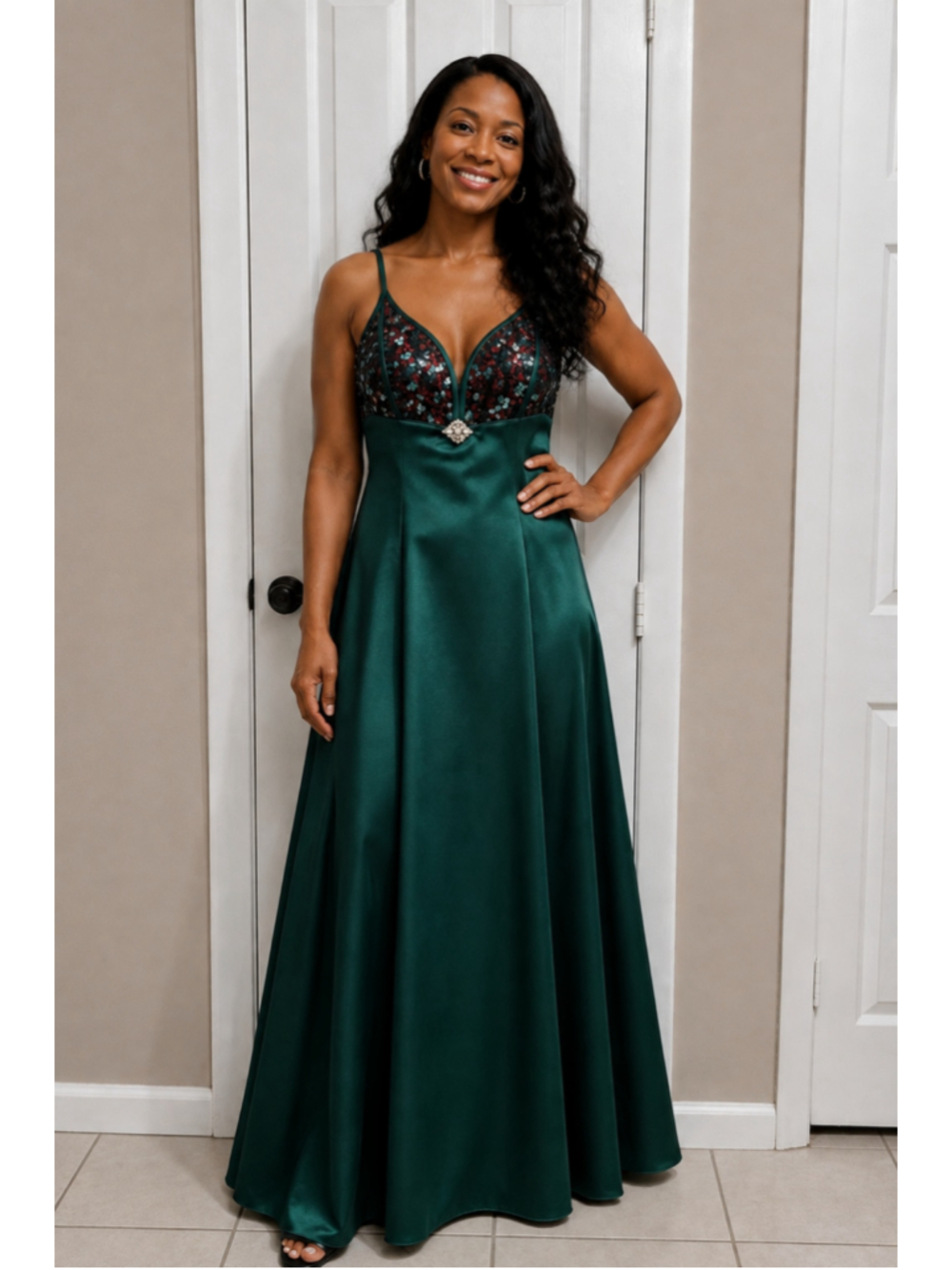 Vtg Women's Bari-Jay Prom Dress Green Burgundy Sequin Embellished sz sm